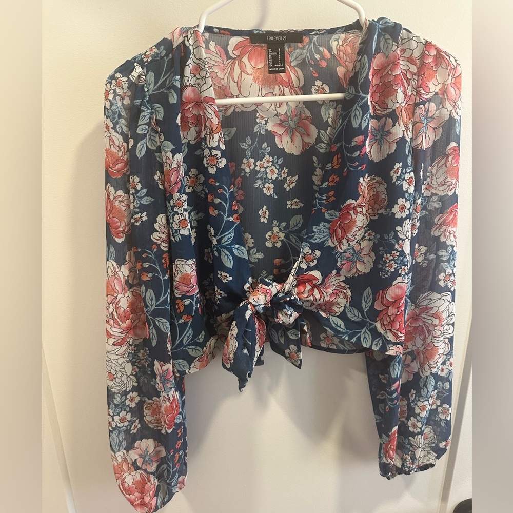 Floral Tie-Front Blouse - Blue and Pink